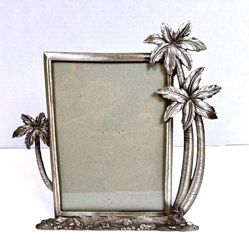Vtg 90s Pewter Tone Tropical Beach Photo Frame Palm Trees Seashells Coastal 4x6